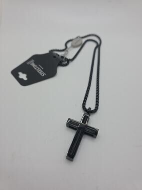 Steeltime Mens Stainless Steel Spring Inlay Cross Pendant Black